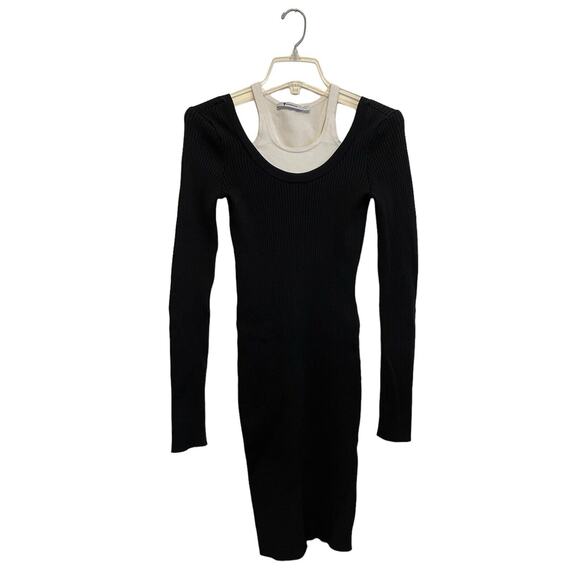 T Alexander Wang Long Sleeve Racerback Dress Size Small Black White Ribbed Mini‎ - Picture 1 of 9
